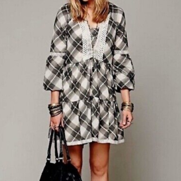 Free Peoplee dress boho plaid crochet medium bohemian grunge - Picture 1 of 6